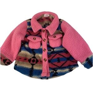 Southwestern Aztec Sherpa Shacket Kids XS Pink Blue Fleece Button Up Jacket